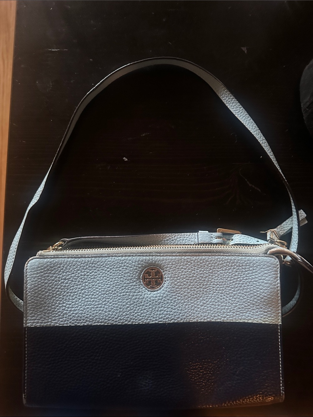 Tory Burch Two-Tone Light Blue and Black Pebbled Leather Crossbody